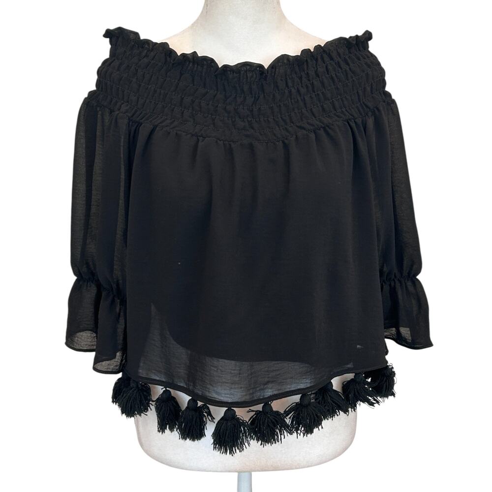 Misa Los Angeles Black Off The Shoulder Boho Top Tassle Hem Womens Size Small